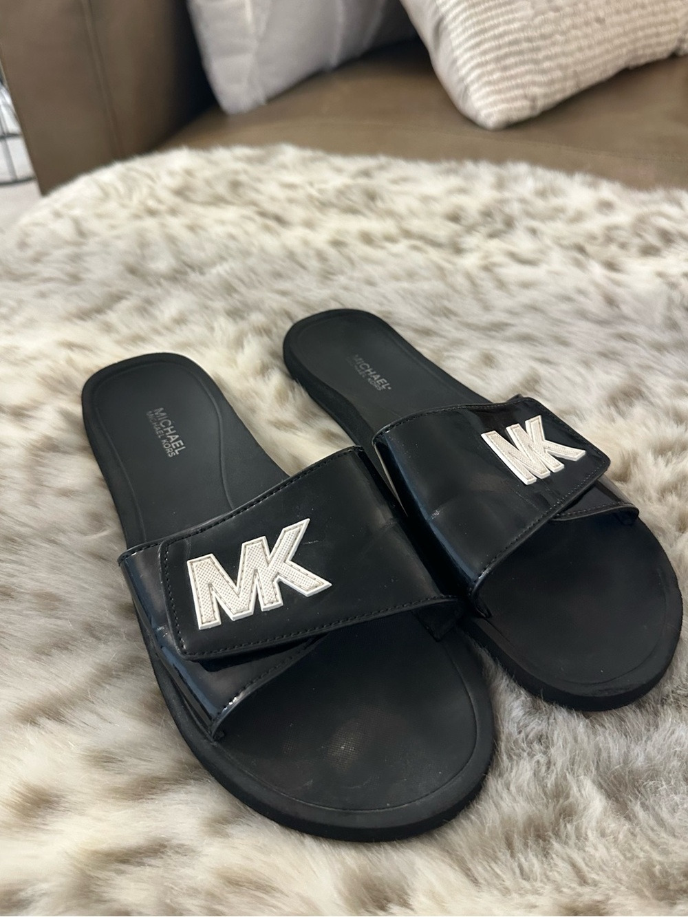 Michael Kors Black Slide Sandals with Silver MK Logo